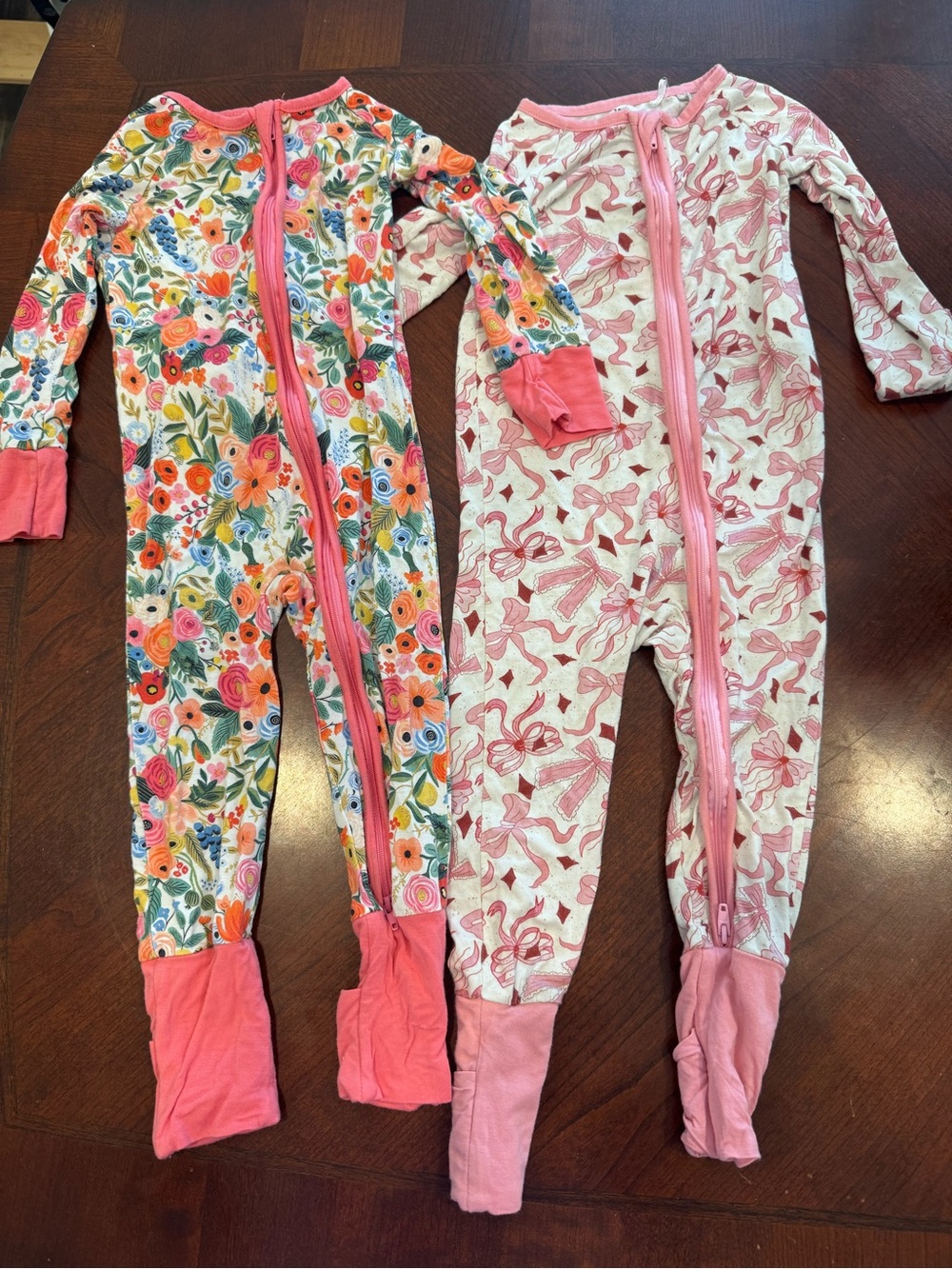 Set of 2 bamboo Girls' Pink Floral & Bow Print Zip One-Piece Pajamas
